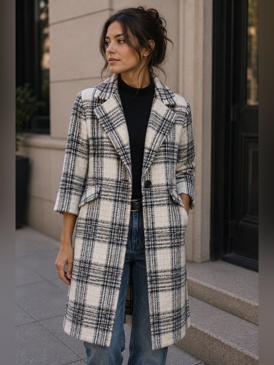 Dex Jackets & Blazers - Dex Black and Cream White Plaid Trench Pea Coat Size S Cozy Winter